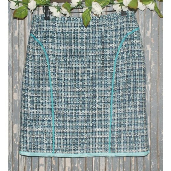 Nine & Company Y2K Tweed Preppy Skirt Size 8 Aqua Blue Side Zip Knee Length Offi - Picture 4 of 7